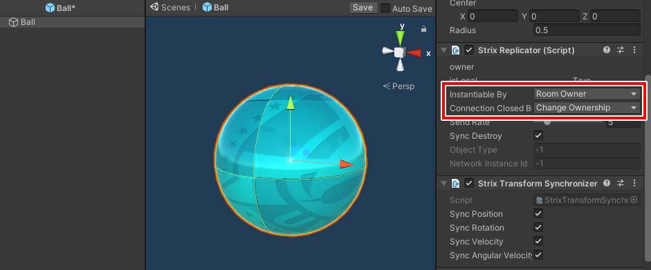 Ball.prefabを同期させるためのStrixReplicatorの設定