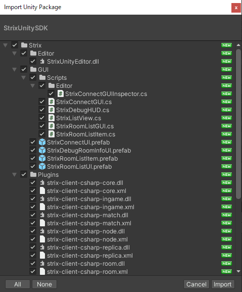 StrixUnitySDK.unitypackageのインポート画面